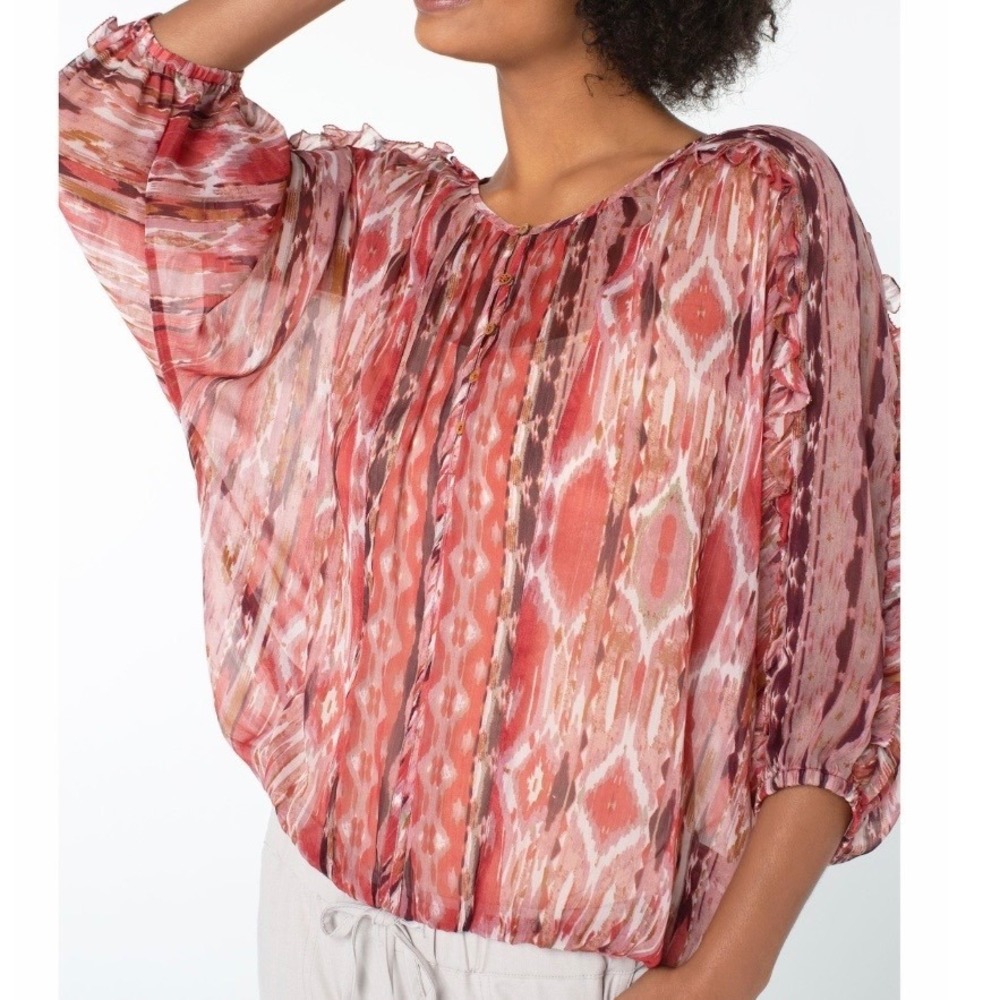 Liverpool Ruffle Dolman Sleeve Popover Sheer Blouse Top Desert Blossom Boho Red